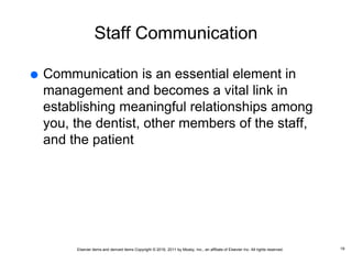 Elsevier items and derived items Copyright © 2016, 2011 by Mosby, Inc., an affiliate of Elsevier Inc. All rights reserved.
Staff Communication
 Communication is an essential element in
management and becomes a vital link in
establishing meaningful relationships among
you, the dentist, other members of the staff,
and the patient
19
 