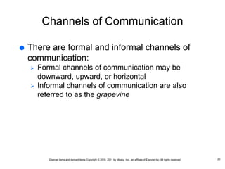 Elsevier items and derived items Copyright © 2016, 2011 by Mosby, Inc., an affiliate of Elsevier Inc. All rights reserved.
Channels of Communication
 There are formal and informal channels of
communication:
 Formal channels of communication may be
downward, upward, or horizontal
 Informal channels of communication are also
referred to as the grapevine
20
 