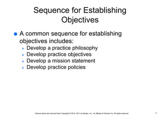 Elsevier items and derived items Copyright © 2016, 2011 by Mosby, Inc., an affiliate of Elsevier Inc. All rights reserved.
Sequence for Establishing
Objectives
 A common sequence for establishing
objectives includes:
 Develop a practice philosophy
 Develop practice objectives
 Develop a mission statement
 Develop practice policies
4
 