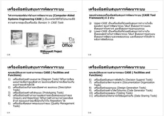 เครื่องมือสนับสนุนการพัฒนาระบบ                                   เครื่องมือสนับสนุนการพัฒนาระบบ
 วิศวกรรมซอฟตแวรชวยการพัฒนาระบบ (Computer-Aided                ขอบขายของเครื่องมือสนับสนุนการพัฒนาระบบ (CASE Tool
 Systems Engineering-CASE ) เปนเทคนิควิธีที่ใชโปรแกรมทีมี
                                                         ่        Framework) มี 2 ชวง
 ความสามารถสูงเปนเครื่องมือ เรียกยอๆ วา CASE Tools                   Upper-CASE เปนเครื่องมือทีชวยสนับสนุนการทํางานในขัน
                                                                                                    ่                     ้
                                                                        ตอนตนๆ ของการพัฒนาระบบ ไดแก ขั้นตอนการวางแผน
                                                                        ขั้นตอนการวิเคราะห และขั้นตอนการออกแบบระบบ
                                                                        Lower-CASE เปนเครื่องมือทีชวยสนับสนุนการทํางานใน
                                                                                                     ่ 
                                                                        ขั้นตอนสุดทายในการพัฒนาระบบ ไดแก ขั้นตอนการออกแบบ
                                                                        ขั้นตอนการพัฒนาและทดสอบระบบ และขั้นตอนการใหบริการ
                                                                        หลังการติดตั้งระบบ




3.29                                                             3.30




เครื่องมือสนับสนุนการพัฒนาระบบ                                   เครื่องมือสนับสนุนการพัฒนาระบบ
 คุณสมบัติและความสามารถของ CASE ( Facilities and                  คุณสมบัติและความสามารถของ CASE ( Facilities and
 Functions)                                                       Functions)
 1)    เครื่องมือชวยสรางแผนภาพ (Diagram Tools) ใชในการเขียน    6)  เครื่องมือสนับสนุนการตัดสินใจ (Decision Supprot Tools)
       แผนภาพเพื่อจําลองสิ่งตางๆ ของระบบซึงสามารถเชื่อมโยงกับ
                                              ่                   7)  เครื่องมือชวยจัดการเอกสาร (Documentation Organization
       แบบจําลองสวนอืนได
                         ่                                            Tools)
 2)    เครื่องมือชวยเก็บรายละเอียดตางๆ ของระบบ (Description     8) เครื่องมือชวยออกแบบ (Design Generation Tools)
       Tools)                                                     9) เครื่องมือชวยสรางโคดโปรแกรม (Code Generator Tools)
 3)    เครื่องมือชวยสรางตัวตนแบบ (Prototyping Tools)           10) เครื่องมือชวยทดสอบ (Testing Tools)
 4)    เครื่องมือชวยสรางรายงานแสดงรายละเอียดของแบบจําลอง        11) เครื่องมือชวยใหสามารถใชขอมูลรวมกัน (Data Sharing Tools)
       (Inquiry and Reporting) ใชในการสรางรายงานรายละเอียด
       ตางๆ ของแบบจําลองซึ่งถูกเก็บไวใน Repository ได
 5)    เครื่องมือเพื่อคุณภาพของแบบจําลอง (Quality Management
       Tools)

3.31                                                             3.32
 