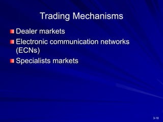 3-18
Trading Mechanisms
Dealer markets
Electronic communication networks
(ECNs)
Specialists markets
 