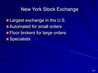 3-21
New York Stock Exchange
Largest exchange in the U.S.
Automated for small orders
Floor brokers for large orders
Specialists
 