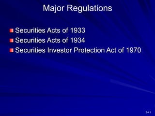 3-41
Major Regulations
Securities Acts of 1933
Securities Acts of 1934
Securities Investor Protection Act of 1970
 