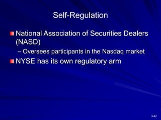 3-42
Self-Regulation
National Association of Securities Dealers
(NASD)
– Oversees participants in the Nasdaq market
NYSE has its own regulatory arm
 