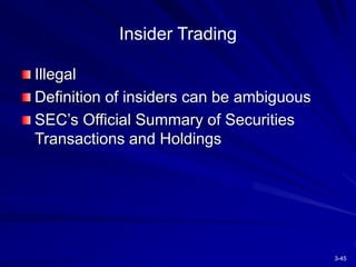 3-45
Insider Trading
Illegal
Definition of insiders can be ambiguous
SEC’s Official Summary of Securities
Transactions and Holdings
 