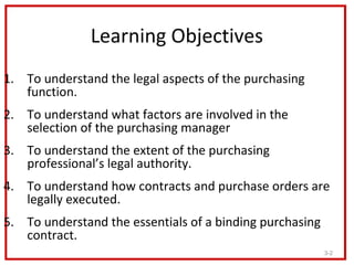 Learning Objectives
1. To understand the legal aspects of the purchasing
   function.
2. To understand what factors are in...