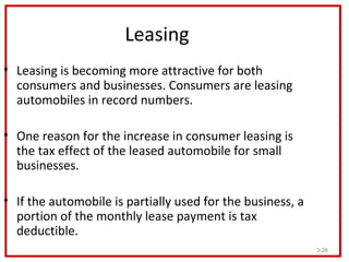 Leasing
• Leasing is becoming more attractive for both
  consumers and businesses. Consumers are leasing
  automobiles in ...