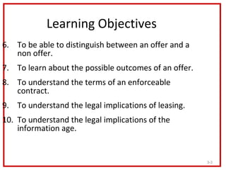 Learning Objectives
6. To be able to distinguish between an offer and a
   non offer.
7. To learn about the possible outco...