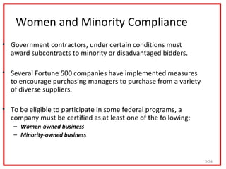 Women and Minority Compliance
• Government contractors, under certain conditions must
  award subcontracts to minority or ...