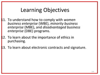 Learning Objectives
11. To understand how to comply with women
    business enterprise (WBE), minority business
    enterp...