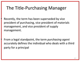 The Title-Purchasing Manager

• Recently, the term has been superseded by vice
  president of purchasing, vice president o...