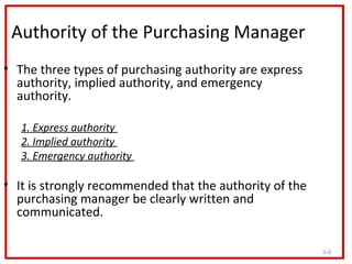 Authority of the Purchasing Manager
• The three types of purchasing authority are express
  authority, implied authority, ...