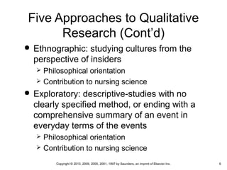 6Copyright © 2013, 2009, 2005, 2001, 1997 by Saunders, an imprint of Elsevier Inc.
Five Approaches to Qualitative
Research (Cont’d)
 Ethnographic: studying cultures from the
perspective of insiders
 Philosophical orientation
 Contribution to nursing science
 Exploratory: descriptive-studies with no
clearly specified method, or ending with a
comprehensive summary of an event in
everyday terms of the events
 Philosophical orientation
 Contribution to nursing science
 