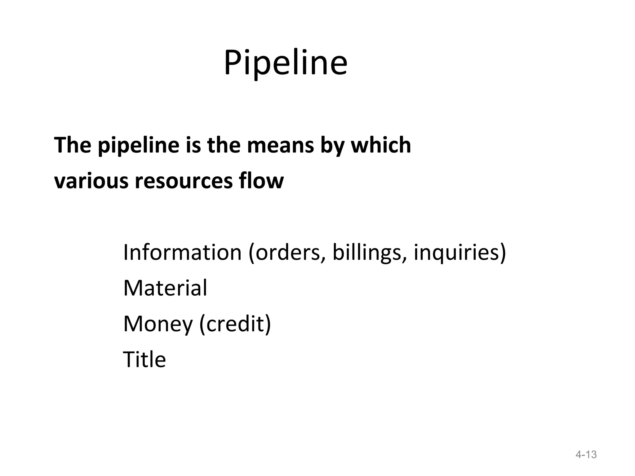 Pipeline

The pipeline is the means by which
various resources flow

   1.   Information (orders, billings, inquiries)
   2.   Material
   3.   Money (credit)
   4.   Title


                                                    4-13
 