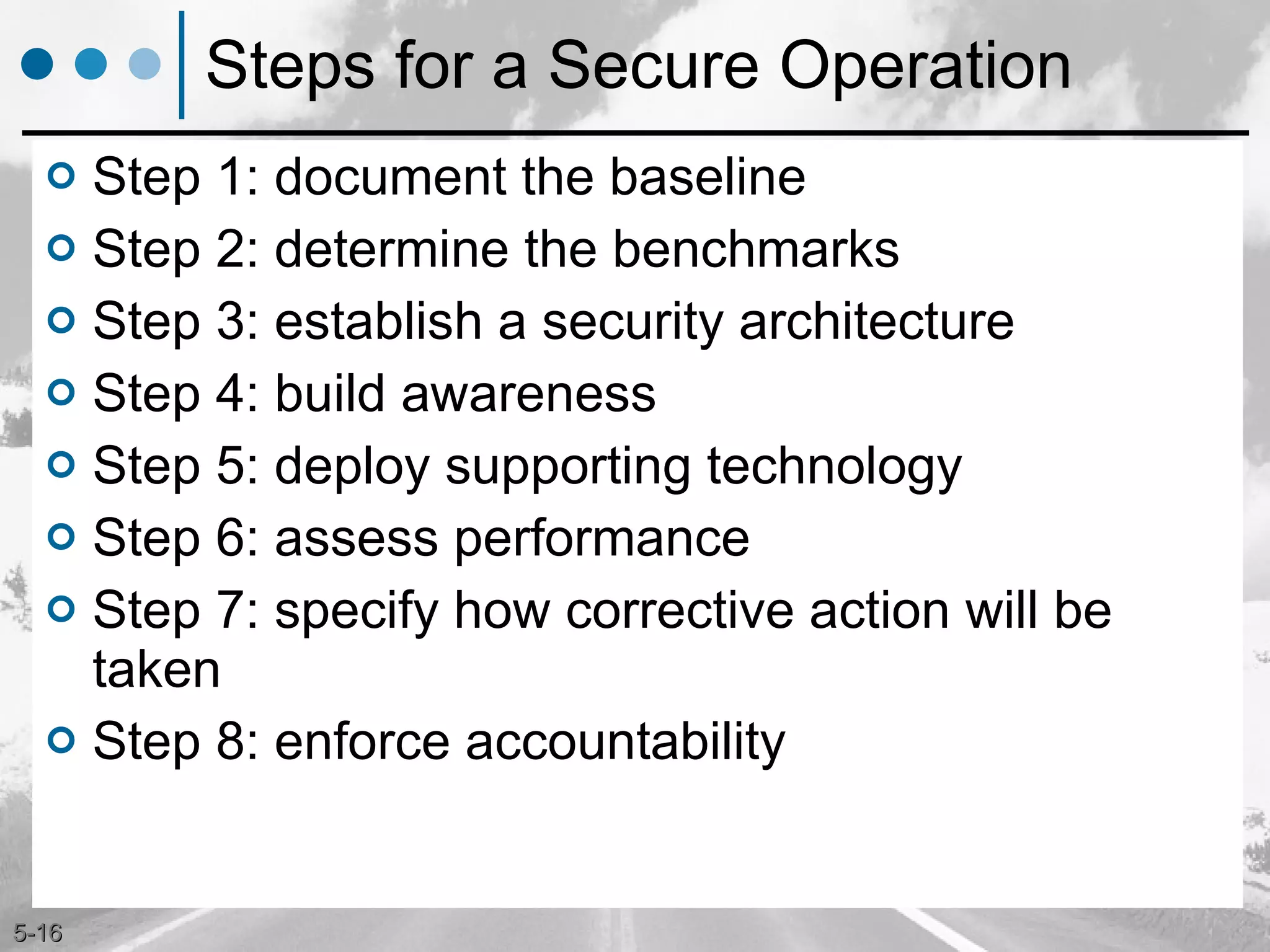 Steps for a Secure Operation Step 1: document the baseline  Step 2: determine the benchmarks Step 3: establish a security architecture Step 4: build awareness Step 5: deploy supporting technology Step 6: assess performance Step 7: specify how corrective action will be taken Step 8: enforce accountability 