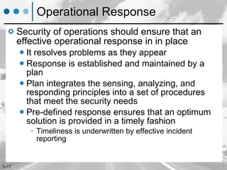 Operational Response Security of operations should ensure that an effective operational response in in place  It resolves problems as they appear Response is established and maintained by a plan Plan integrates the sensing, analyzing, and responding principles into a set of procedures that meet the security needs Pre-defined response ensures that an optimum solution is provided in a timely fashion Timeliness is underwritten by effective incident reporting 