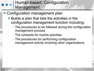 Human-based: Configuration Management Configuration management plan Builds a plan that lists the activities in the configuration management function including: The procedures to be followed during the configuration management process The schedule for routine activities The procedures for performing configuration management activity involving other organizations 