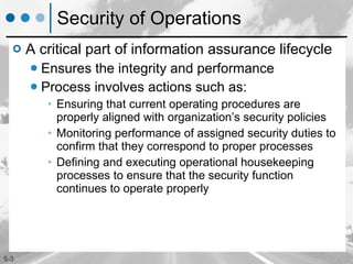 Security of Operations A critical part of information assurance lifecycle Ensures the integrity and performance Process involves actions such as: Ensuring that current operating procedures are properly aligned with organization’s security policies Monitoring performance of assigned security duties to confirm that they correspond to proper processes Defining and executing operational housekeeping processes to ensure that the security function continues to operate properly 