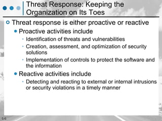 Threat Response: Keeping the Organization on Its Toes Threat response is either proactive or reactive  Proactive activities include  Identification of threats and vulnerabilities Creation, assessment, and optimization of security solutions Implementation of controls to protect the software and the information Reactive activities include  Detecting and reacting to external or internal intrusions or security violations in a timely manner 