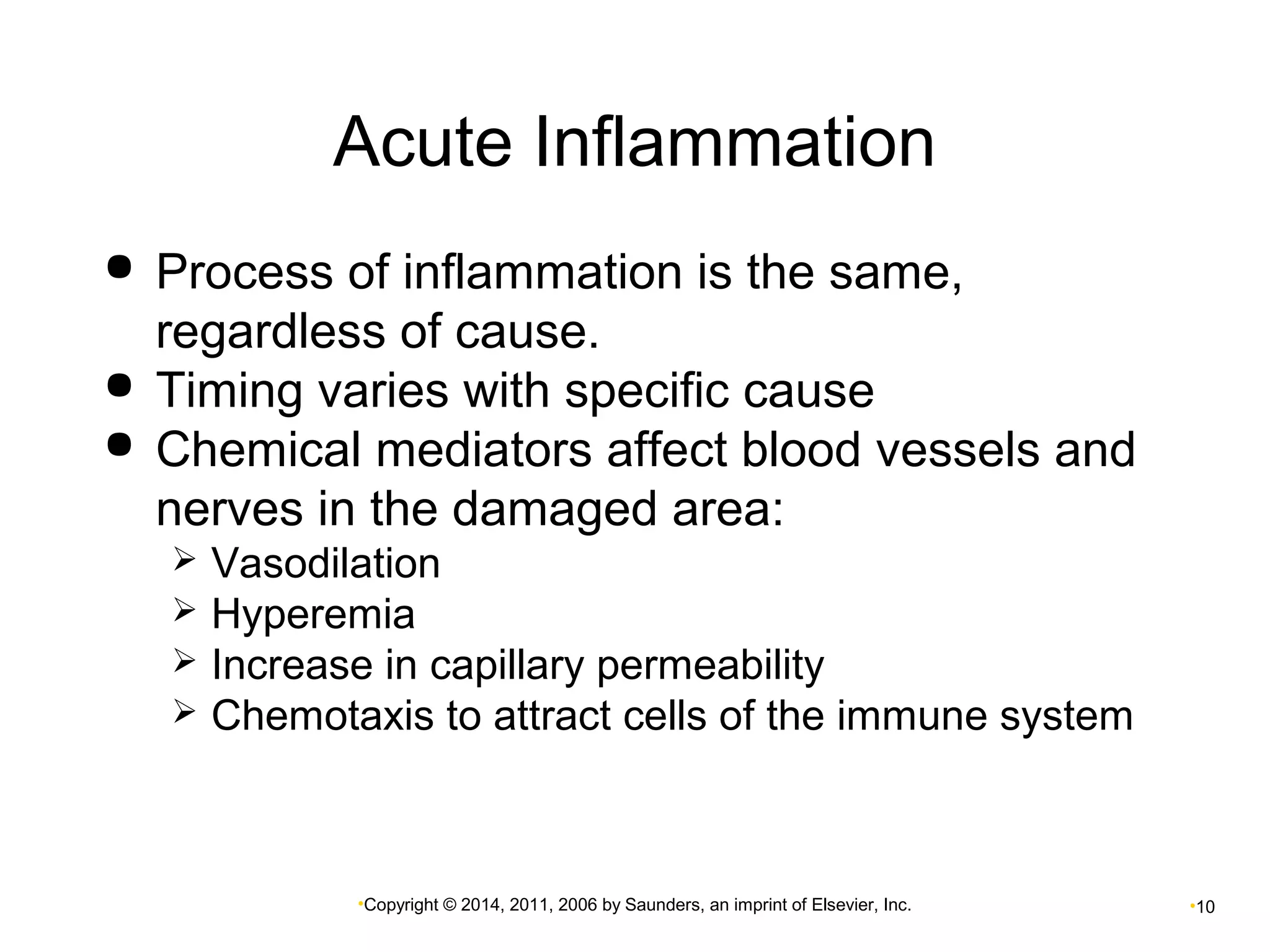 Acute Inflammation 
 Process of inflammation is the same, 
regardless of cause. 
 Timing varies with specific cause 
 Chemical mediators affect blood vessels and 
nerves in the damaged area: 
 Vasodilation 
 Hyperemia 
 Increase in capillary permeability 
 Chemotaxis to attract cells of the immune system 
•Copyright © 2014, 2011, 2006 by Saunders, an imprint of Elsevier, Inc. •10 
 