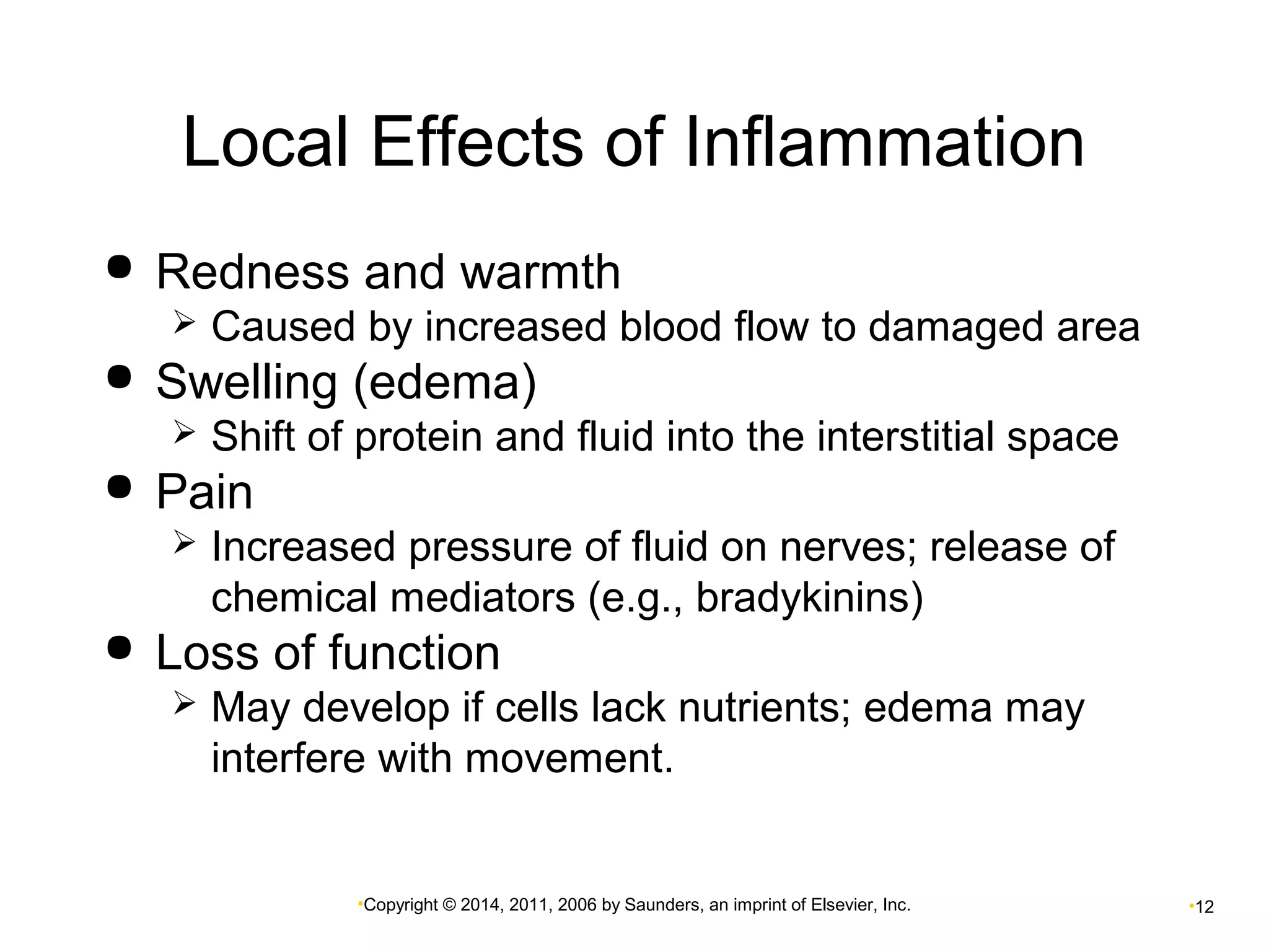 Local Effects of Inflammation 
 Redness and warmth 
 Caused by increased blood flow to damaged area 
 Swelling (edema) 
 Shift of protein and fluid into the interstitial space 
•Copyright © 2014, 2011, 2006 by Saunders, an imprint of Elsevier, Inc. •12 
 Pain 
 Increased pressure of fluid on nerves; release of 
chemical mediators (e.g., bradykinins) 
 Loss of function 
 May develop if cells lack nutrients; edema may 
interfere with movement. 
 