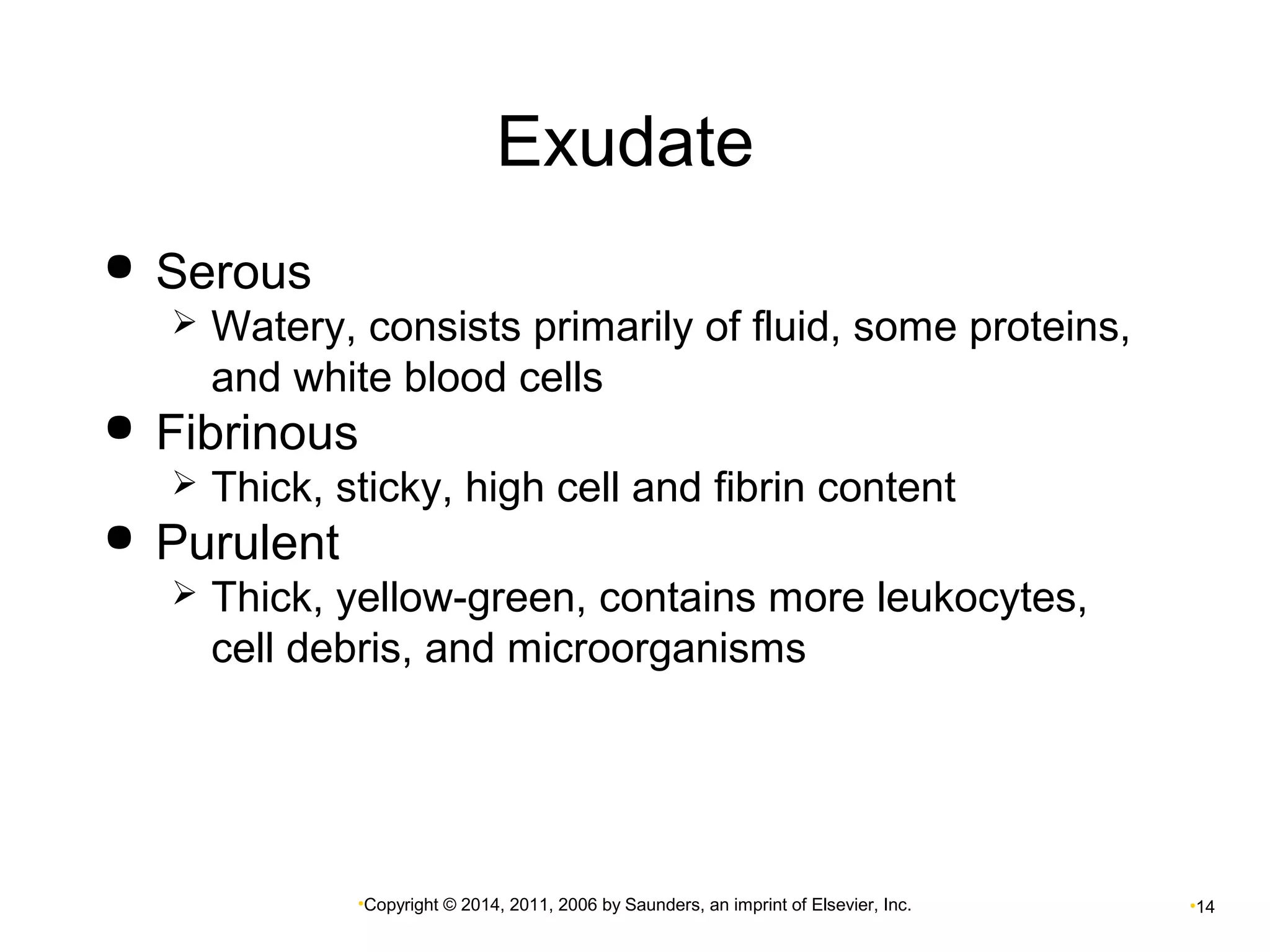 Exudate 
•Copyright © 2014, 2011, 2006 by Saunders, an imprint of Elsevier, Inc. •14 
 Serous 
 Watery, consists primarily of fluid, some proteins, 
and white blood cells 
 Fibrinous 
 Thick, sticky, high cell and fibrin content 
 Purulent 
 Thick, yellow-green, contains more leukocytes, 
cell debris, and microorganisms 
 