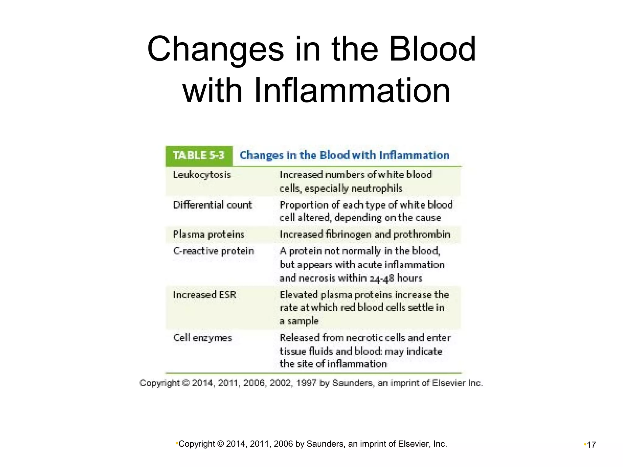 Changes in the Blood 
with Inflammation 
•Copyright © 2014, 2011, 2006 by Saunders, an imprint of Elsevier, Inc. •17 
 