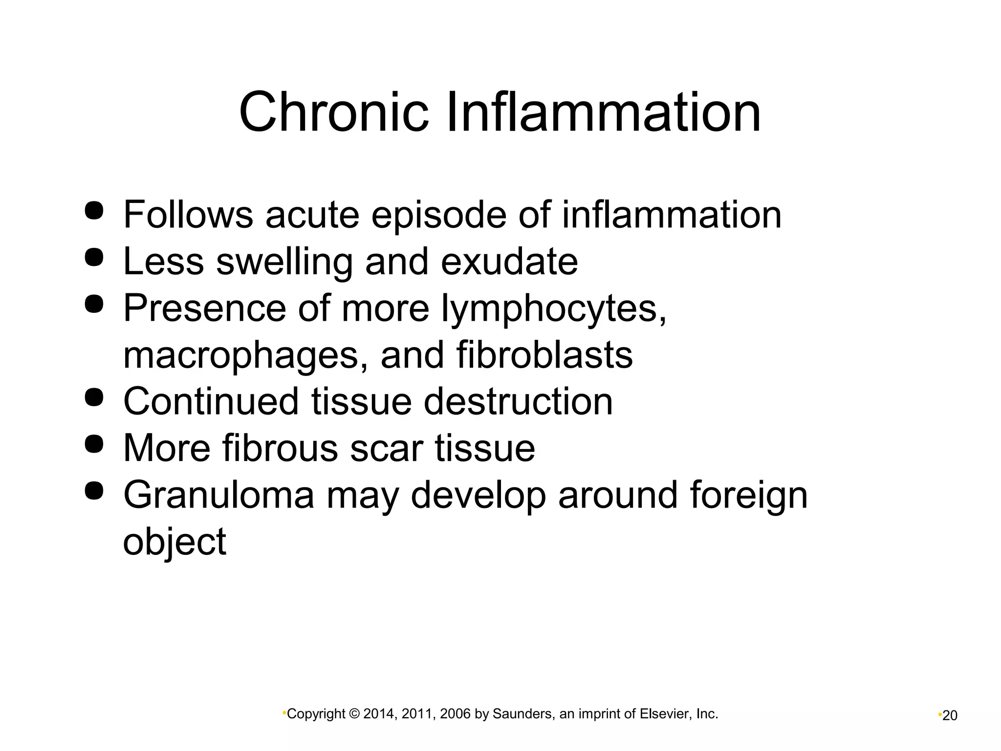 Chronic Inflammation 
 Follows acute episode of inflammation 
 Less swelling and exudate 
 Presence of more lymphocytes, 
macrophages, and fibroblasts 
 Continued tissue destruction 
 More fibrous scar tissue 
 Granuloma may develop around foreign 
object 
•Copyright © 2014, 2011, 2006 by Saunders, an imprint of Elsevier, Inc. •20 
 