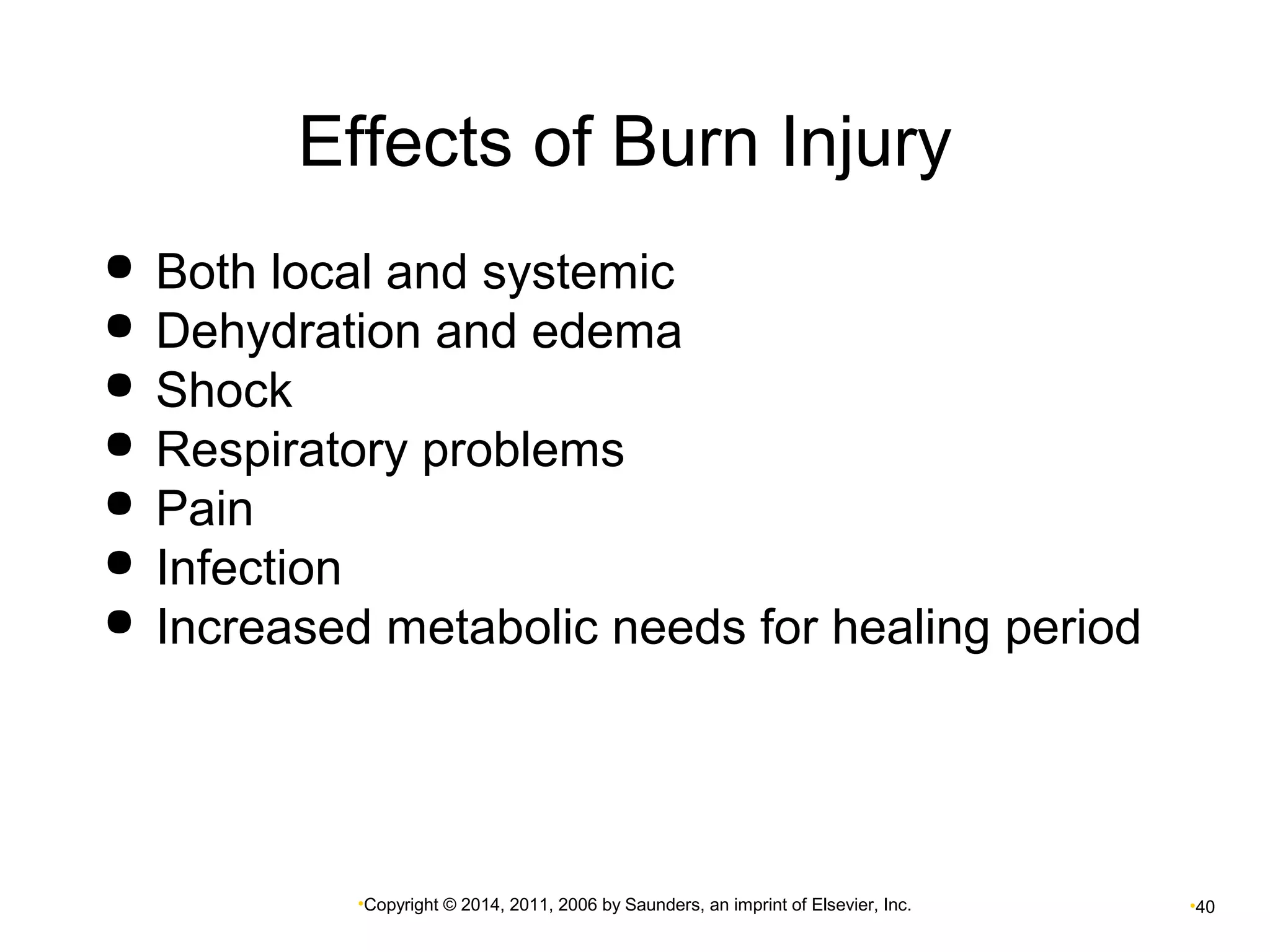 Effects of Burn Injury 
 Both local and systemic 
 Dehydration and edema 
 Shock 
 Respiratory problems 
 Pain 
 Infection 
 Increased metabolic needs for healing period 
•Copyright © 2014, 2011, 2006 by Saunders, an imprint of Elsevier, Inc. •40 
 