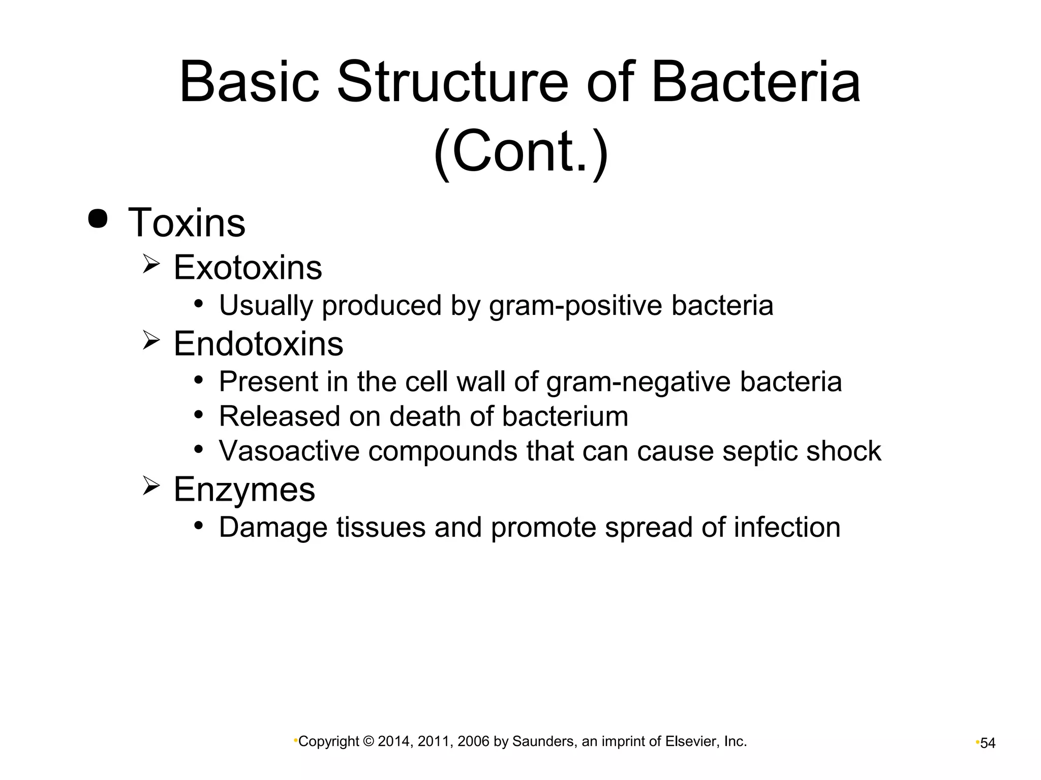 Basic Structure of Bacteria 
(Cont.) 
•Copyright © 2014, 2011, 2006 by Saunders, an imprint of Elsevier, Inc. •54 
 Toxins 
 Exotoxins 
• Usually produced by gram-positive bacteria 
 Endotoxins 
• Present in the cell wall of gram-negative bacteria 
• Released on death of bacterium 
• Vasoactive compounds that can cause septic shock 
 Enzymes 
• Damage tissues and promote spread of infection 
 