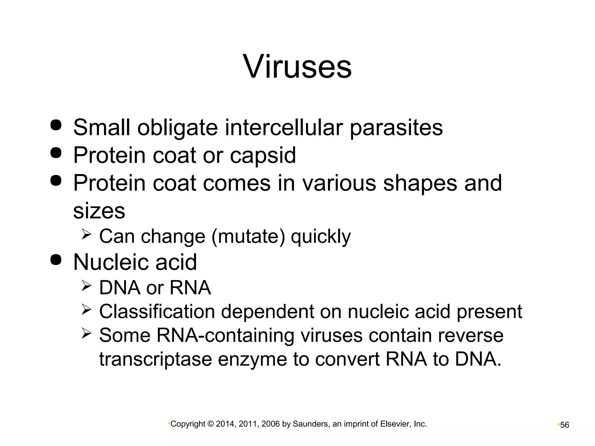 Viruses 
 Small obligate intercellular parasites 
 Protein coat or capsid 
 Protein coat comes in various shapes and 
sizes 
 Can change (mutate) quickly 
 Nucleic acid 
 DNA or RNA 
 Classification dependent on nucleic acid present 
 Some RNA-containing viruses contain reverse 
transcriptase enzyme to convert RNA to DNA. 
•Copyright © 2014, 2011, 2006 by Saunders, an imprint of Elsevier, Inc. •56 
 