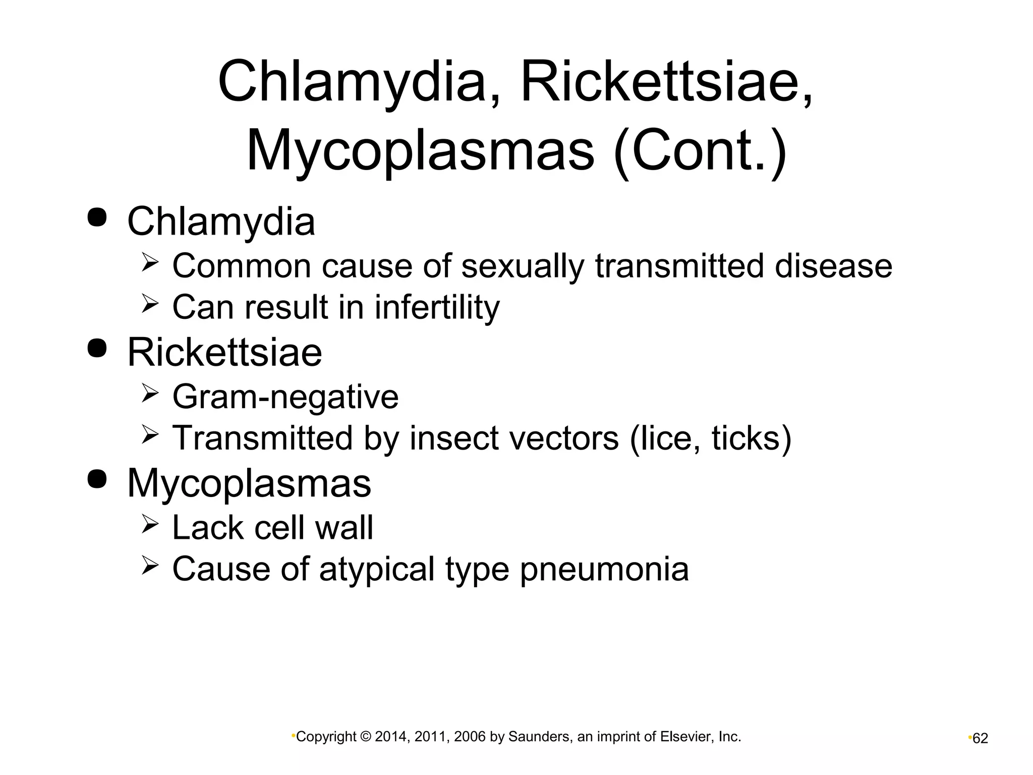 Chlamydia, Rickettsiae, 
Mycoplasmas (Cont.) 
 Chlamydia 
 Common cause of sexually transmitted disease 
 Can result in infertility 
 Rickettsiae 
 Gram-negative 
 Transmitted by insect vectors (lice, ticks) 
 Mycoplasmas 
 Lack cell wall 
 Cause of atypical type pneumonia 
•Copyright © 2014, 2011, 2006 by Saunders, an imprint of Elsevier, Inc. •62 
 