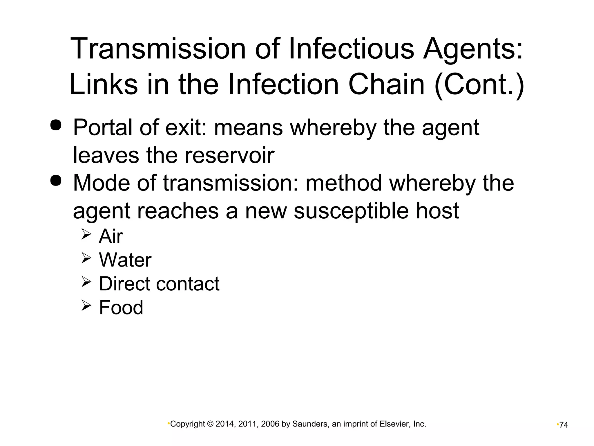 Transmission of Infectious Agents: 
Links in the Infection Chain (Cont.) 
 Portal of exit: means whereby the agent 
leaves the reservoir 
 Mode of transmission: method whereby the 
agent reaches a new susceptible host 
 Air 
 Water 
 Direct contact 
 Food 
•Copyright © 2014, 2011, 2006 by Saunders, an imprint of Elsevier, Inc. •74 
 