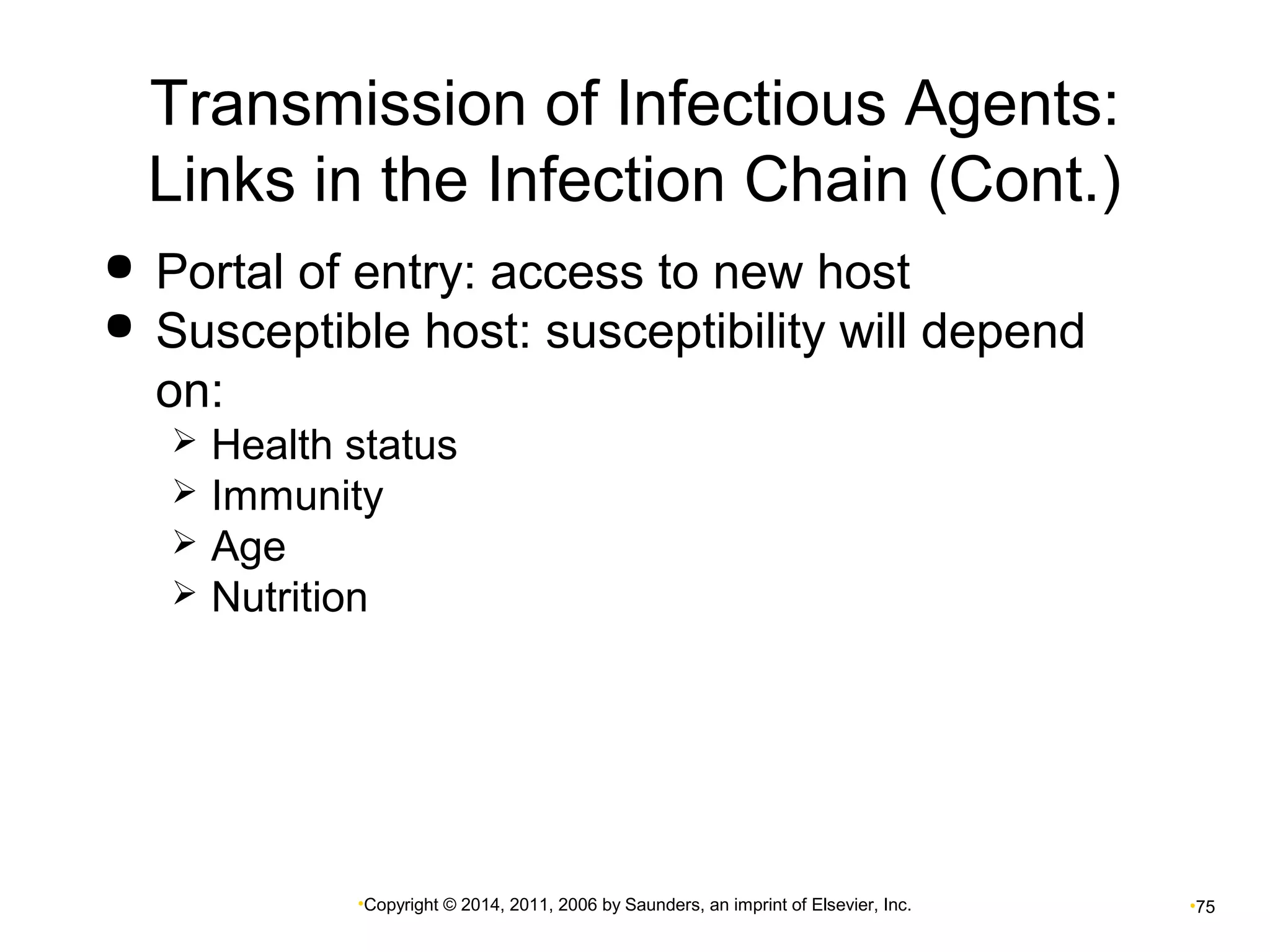 Transmission of Infectious Agents: 
Links in the Infection Chain (Cont.) 
 Portal of entry: access to new host 
 Susceptible host: susceptibility will depend 
on: 
 Health status 
 Immunity 
 Age 
 Nutrition 
•Copyright © 2014, 2011, 2006 by Saunders, an imprint of Elsevier, Inc. •75 
 