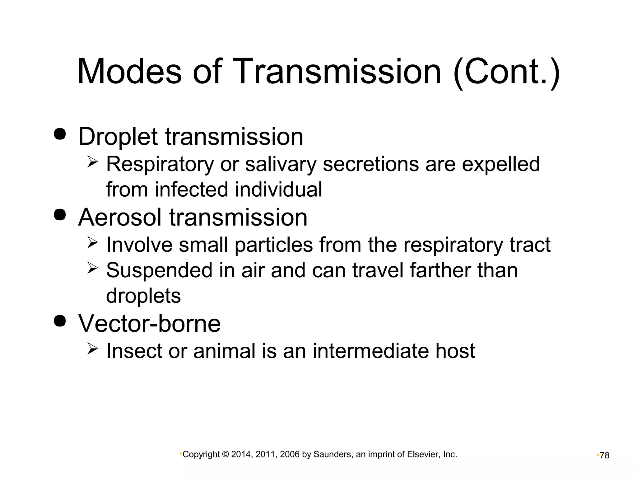 Modes of Transmission (Cont.) 
 Droplet transmission 
 Respiratory or salivary secretions are expelled 
from infected individual 
 Aerosol transmission 
 Involve small particles from the respiratory tract 
 Suspended in air and can travel farther than 
droplets 
 Vector-borne 
 Insect or animal is an intermediate host 
•Copyright © 2014, 2011, 2006 by Saunders, an imprint of Elsevier, Inc. •78 
 