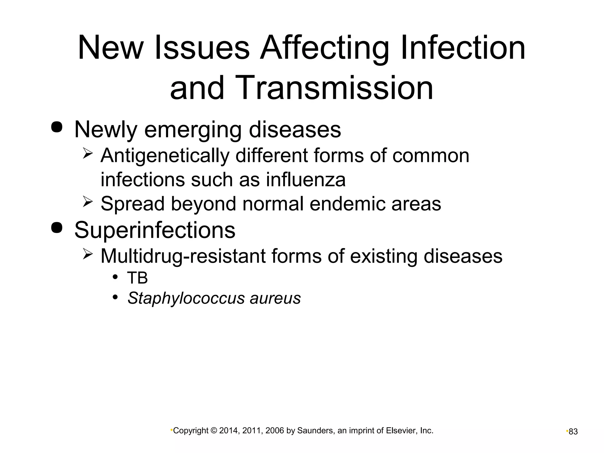 New Issues Affecting Infection 
and Transmission 
 Newly emerging diseases 
 Antigenetically different forms of common 
infections such as influenza 
 Spread beyond normal endemic areas 
 Superinfections 
 Multidrug-resistant forms of existing diseases 
• TB 
• Staphylococcus aureus 
•Copyright © 2014, 2011, 2006 by Saunders, an imprint of Elsevier, Inc. •83 
 