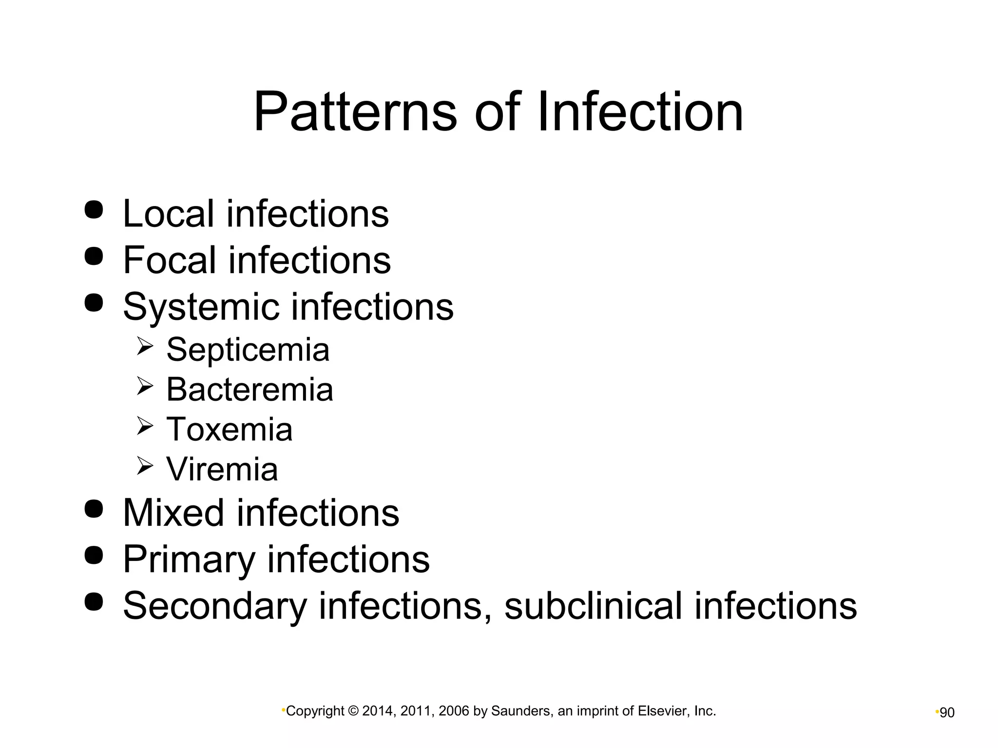 Patterns of Infection 
 Local infections 
 Focal infections 
 Systemic infections 
 Septicemia 
 Bacteremia 
 Toxemia 
 Viremia 
 Mixed infections 
 Primary infections 
 Secondary infections, subclinical infections 
•Copyright © 2014, 2011, 2006 by Saunders, an imprint of Elsevier, Inc. •90 
 