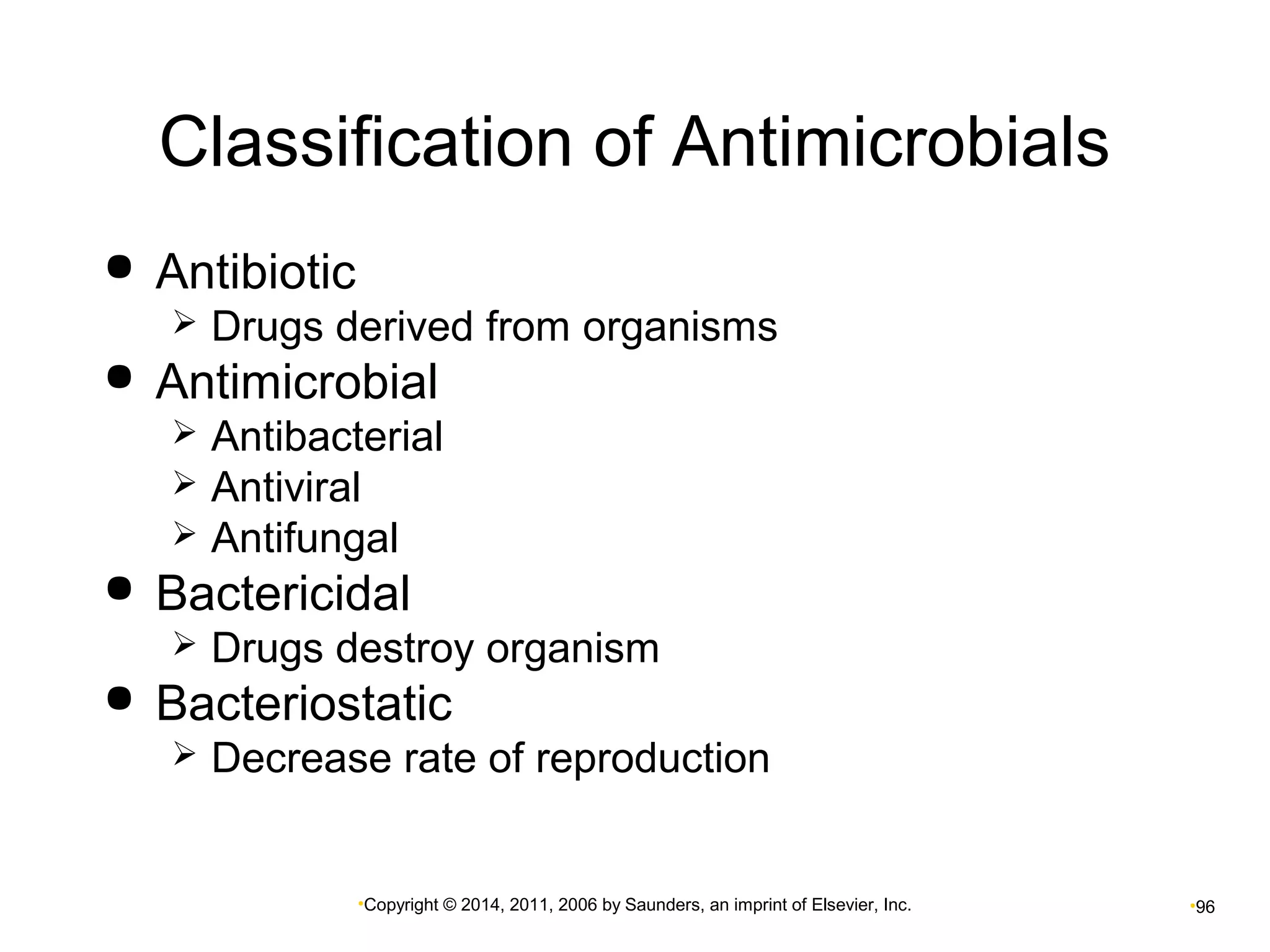 Classification of Antimicrobials 
•Copyright © 2014, 2011, 2006 by Saunders, an imprint of Elsevier, Inc. •96 
 Antibiotic 
 Drugs derived from organisms 
 Antimicrobial 
 Antibacterial 
 Antiviral 
 Antifungal 
 Bactericidal 
 Drugs destroy organism 
 Bacteriostatic 
 Decrease rate of reproduction 
 