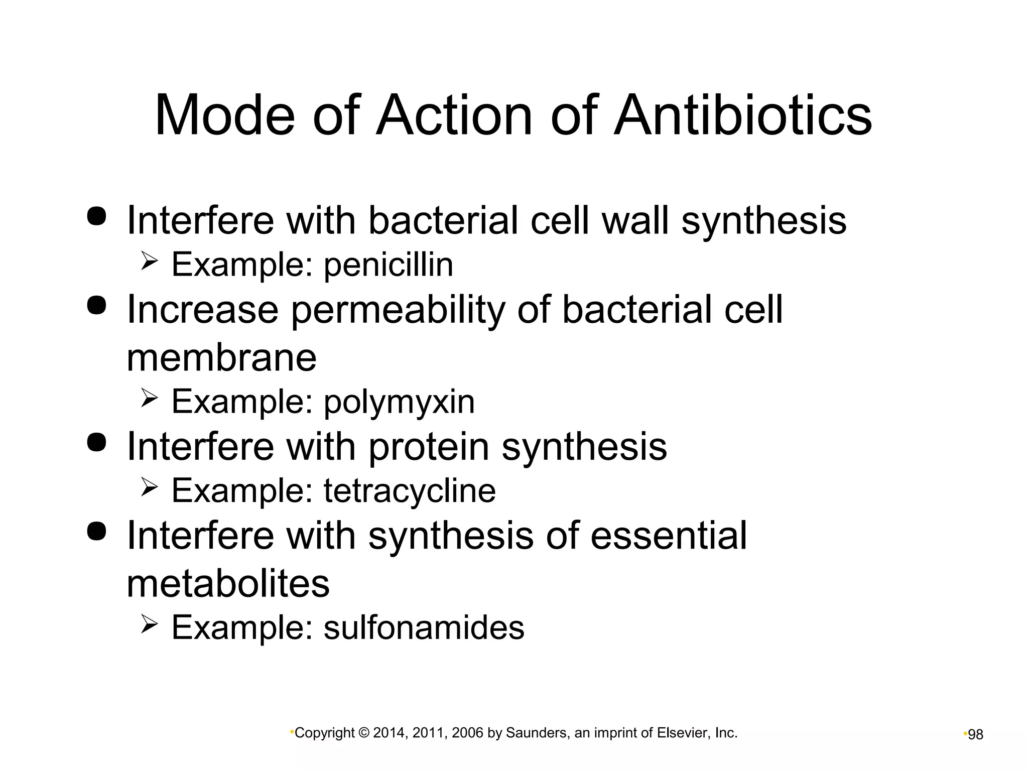 Mode of Action of Antibiotics 
 Interfere with bacterial cell wall synthesis 
 Example: penicillin 
 Increase permeability of bacterial cell 
membrane 
 Example: polymyxin 
 Interfere with protein synthesis 
 Example: tetracycline 
 Interfere with synthesis of essential 
metabolites 
 Example: sulfonamides 
•Copyright © 2014, 2011, 2006 by Saunders, an imprint of Elsevier, Inc. •98 
 
