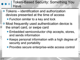 Token-Based Security: Something You Have Tokens – identification and authorization devices presented at the time of access  Function similar to a key and lock  Most frequently used authentication device is the smart card, or swipe card Embedded semiconductor chip accepts, stores, and sends information Keeps personal information with a high degree of security and portability Provides secure enterprise-wide access control 