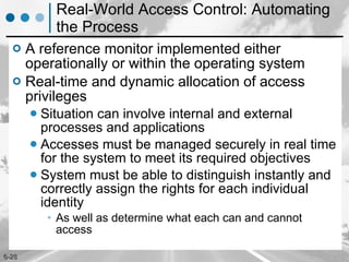 Real-World Access Control: Automating the Process A reference monitor implemented either operationally or within the operating system Real-time and dynamic allocation of access privileges  Situation can involve internal and external processes and applications Accesses must be managed securely in real time for the system to meet its required objectives System must be able to distinguish instantly and correctly assign the rights for each individual identity As well as determine what each can and cannot access 