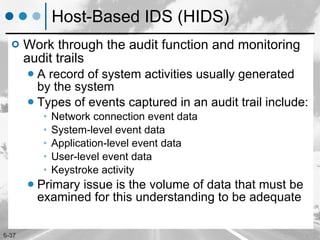 Host-Based IDS (HIDS) Work through the audit function and monitoring audit trails A record of system activities usually generated by the system Types of events captured in an audit trail include:  Network connection event data System-level event data Application-level event data User-level event data Keystroke activity Primary issue is the volume of data that must be examined for this understanding to be adequate 
