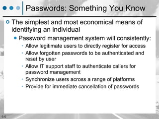 Passwords: Something You Know The simplest and most economical means of identifying an individual Password management system will consistently: Allow legitimate users to directly register for access Allow forgotten passwords to be authenticated and reset by user Allow IT support staff to authenticate callers for password management Synchronize users across a range of platforms Provide for immediate cancellation of passwords 