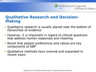 Copyright © 2011 Wolters Kluwer Health | Lippincott Williams & Wilkins
Qualitative Research and Decision-
Making
• Qualitative research is usually placed near the bottom of
hierarchies of evidence
• However, it is important in regard to clinical questions
that address human responses and meaning
• Recall that patient preferences and values are key
components of EBP
• Qualitative methods have evolved and expanded in
recent years
 