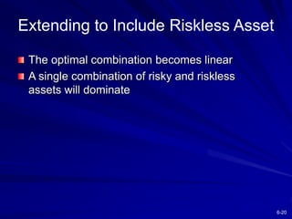 6-20
Extending to Include Riskless Asset
The optimal combination becomes linear
A single combination of risky and riskless
assets will dominate
 