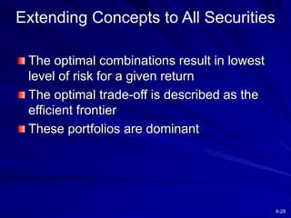 6-28
Extending Concepts to All Securities
The optimal combinations result in lowest
level of risk for a given return
The optimal trade-off is described as the
efficient frontier
These portfolios are dominant
 