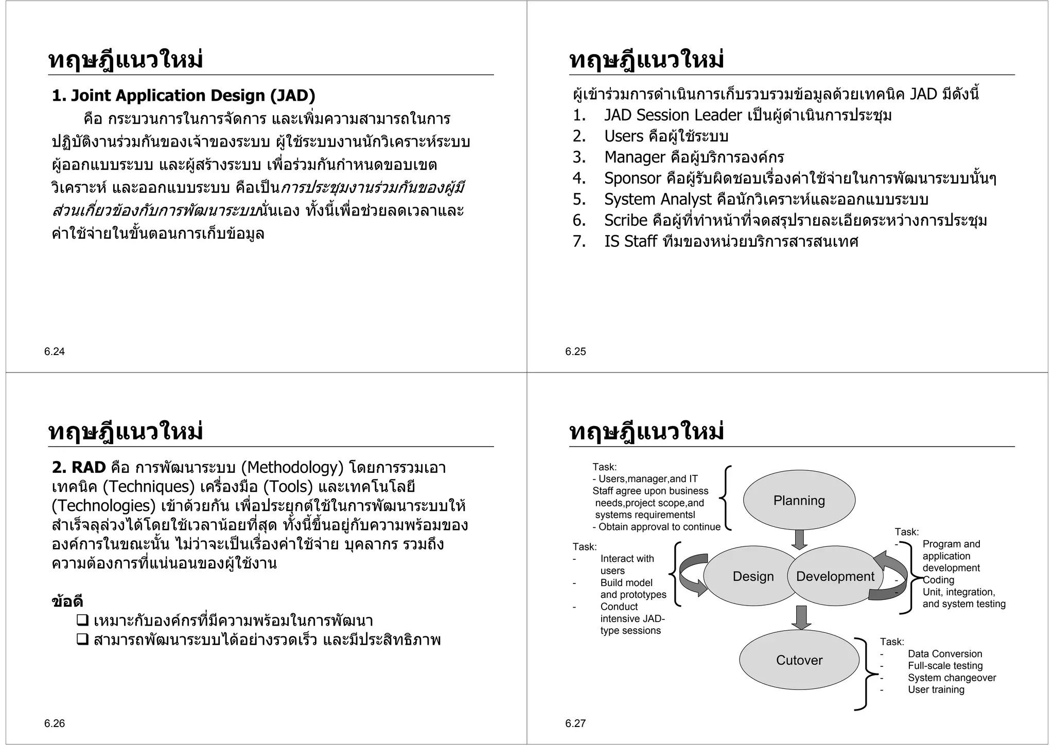 ทฤษฎีแนวใหม                                                           ทฤษฎีแนวใหม
 1. Joint Application Design (JAD)                                      ผูเขารวมการดําเนินการเก็บรวบรวมขอมูลดวยเทคนิค JAD มีดังนี้
        คือ กระบวนการในการจัดการ และเพิ่มความสามารถในการ                1. JAD Session Leader เปนผูดาเนินการประชุม
                                                                                                          ํ
 ปฏิบติงานรวมกันของเจาของระบบ ผูใชระบบงานนักวิเคราะหระบบ
      ั                                                                2. Users คือผูใชระบบ
 ผูออกแบบระบบ และผูสรางระบบ เพื่อรวมกันกําหนดขอบเขต
                                                                       3. Manager คือผูบริการองคกร
                                                                                                
                                                                        4. Sponsor คือผูรบผิดชอบเรืองคาใชจายในการพัฒนาระบบนันๆ
                                                                                                  ั     ่                              ้
 วิเคราะห และออกแบบระบบ คือเปนการประชุมงานรวมกันของผูมี
                                                                        5. System Analyst คือนักวิเคราะหและออกแบบระบบ
 สวนเกี่ยวของกับการพัฒนาระบบนันเอง ทั้งนี้เพื่อชวยลดเวลาและ
                                 ่
                                                                        6. Scribe คือผูททาหนาที่จดสรุปรายละเอียดระหวางการประชุม
                                                                                            ี่ ํ
 คาใชจายในขันตอนการเก็บขอมูล
                ้
                                                                        7. IS Staff ทีมของหนวยบริการสารสนเทศ




6.24                                                                   6.25




ทฤษฎีแนวใหม                                                           ทฤษฎีแนวใหม
 2. RAD คือ การพัฒนาระบบ (Methodology) โดยการรวมเอา                           Task:
                                                                              - Users,manager,and IT
 เทคนิค (Techniques) เครื่องมือ (Tools) และเทคโนโลยี                          Staff agree upon business
 (Technologies) เขาดวยกัน เพื่อประยุกตใชในการพัฒนาระบบให                  needs,project scope,and
                                                                               systems requirementsl
                                                                                                                   Planning
 สําเร็จลุลวงไดโดยใชเวลานอยที่สุด ทั้งนี้ขึ้นอยูกับความพรอมของ          - Obtain approval to continue
                                                                                                                                           Task:
 องคการในขณะนั้น ไมวาจะเปนเรื่องคาใชจาย บุคลากร รวมถึง           Task:                                                              -     Program and
                                                                                                                                                 application
 ความตองการที่แนนอนของผูใชงาน                                       -     Interact with
                                                                              users                                                              development
                                                                        -     Build model
                                                                                                              Design      Development      -     Coding
                                                                                                                                           -     Unit, integration,
 ขอดี
                                                                              and prototypes
                                                                        -     Conduct                                                            and system testing
         เหมาะกับองคกรทีมความพรอมในการพัฒนา
                         ่ ี                                                  intensive JAD-
                                                                              type sessions
         สามารถพัฒนาระบบไดอยางรวดเร็ว และมีประสิทธิภาพ                                                                                Task:
                                                                                                                                        -       Data Conversion
                                                                                                                       Cutover          -       Full-scale testing
                                                                                                                                        -       System changeover
                                                                                                                                        -       User training


6.26                                                                   6.27
 