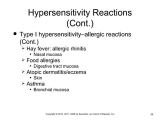 Hypersensitivity Reactions 
(Cont.) 
 Type I hypersensitivity–allergic reactions 
(Cont.) 
 Hay fever: allergic rhinitis 
• Nasal mucosa 
 Food allergies 
• Digestive tract mucosa 
 Atopic dermatitis/eczema 
•Copyright © 2014, 2011, 2006 by Saunders, an imprint of Elsevier, Inc. •28 
• Skin 
 Asthma 
• Bronchial mucosa 
 