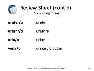 Copyright © 2014, 2011, 2007 by Saunders, an imprint of Elsevier Inc. 100
ureter/o ureter
urethr/o urethra
urin/o urine
vesic/o urinary bladder
Review Sheet (cont’d)
Combining forms
 