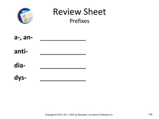 Copyright © 2014, 2011, 2007 by Saunders, an imprint of Elsevier Inc. 109
a-, an- _____________
anti- _____________
dia- _____________
dys- _____________
Review Sheet
Prefixes
 